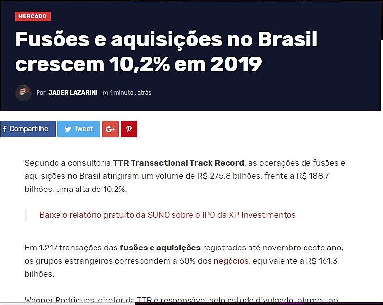 Fuses e aquisies no Brasil crescem 10,2% em 2019